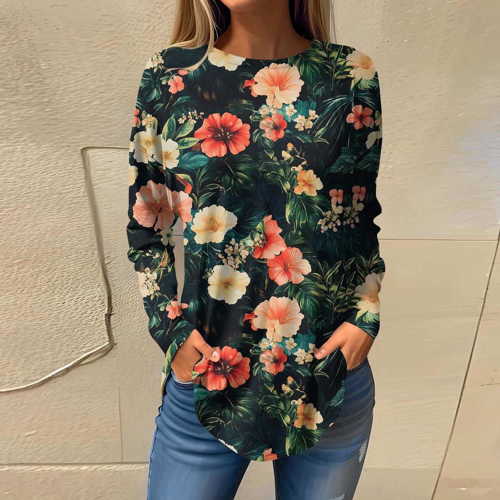 Women's  Loose Casual Flower Printed Round Neck Long Sleeved T Shirt Top Pullover Long Sleeved Sweatshirt
