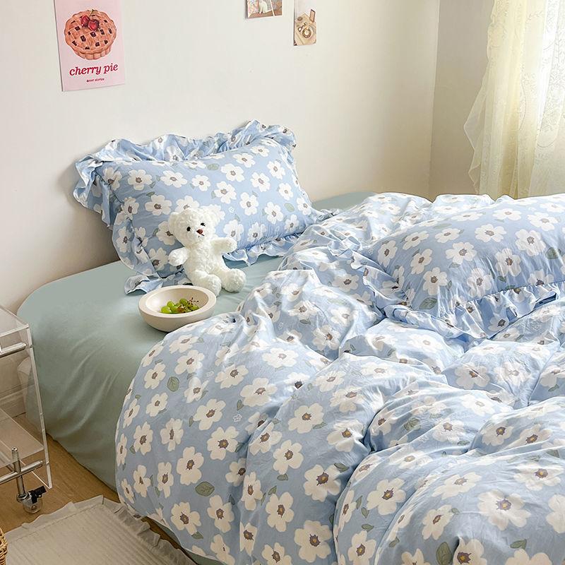 Ins Girl Bedding Set Heart Cherry Duvet Set With Double Layer Yann Pink Four PIECE Set Simple Washing Cotton Bed Sheet Bed Sheet