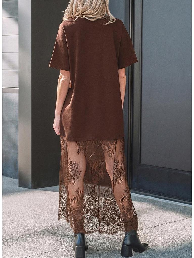 2025 Summer European & American Women's Lace Patchwork Short Sleeve Long Dress