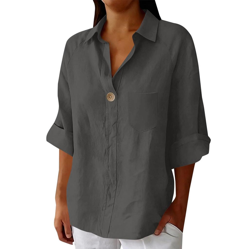 Women's Summer Casual Loose-Fit -Color Top With Collar, V-Neck, And 3/4 Sleeves