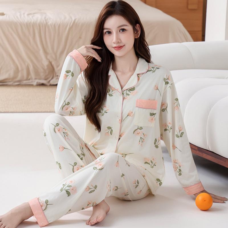 Baumwollimitat Pyjama Damen Herbst pastoral floral langärmlig lässige Mode Loungewear mittelgrüner Anzug