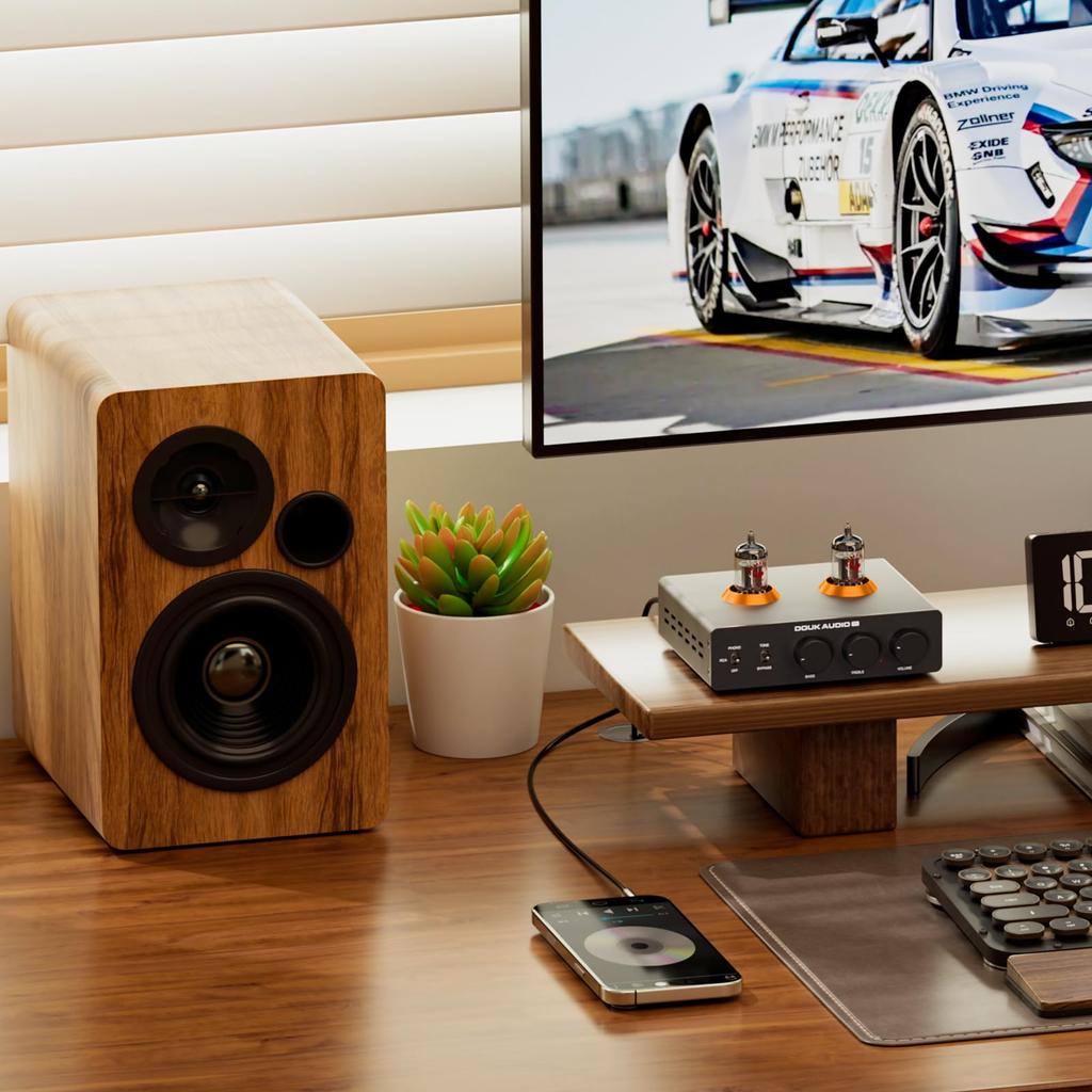 Douk Audio P7 Vacuum Tube Preamp with Phono Equalizer for Record MM PSVANE ECC83 Newly Produced Adjustable High and Low Compatible with Records and