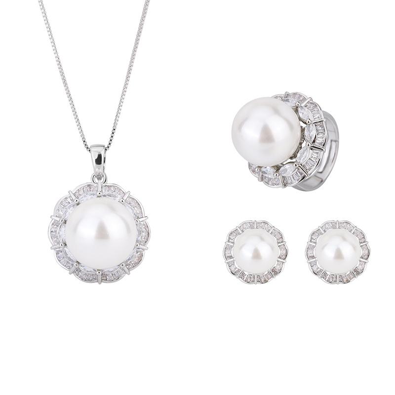 Jewelry Inlaid White Beads Handmade Diamond Inlaid Ring Pendant Stud Earrings Set 16Mm12Mm