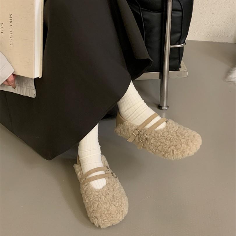 Mary Jane Gentle Imitation Lamb Wool Shoes Warm Soft-soled Cotton Shoes Wear 2025 Autumn and Winter Single Shoes Doudou Shoes