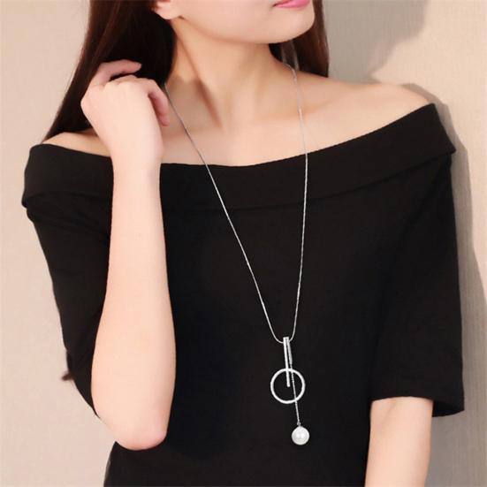 Women Fashion Imitation Pearl Circle Bar Pendant Sweater Chain Necklace Jewelry