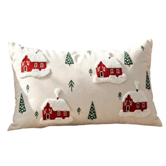 Holiday Gift for Home Decor Christmas Cottage Cushion Cover, Red Snowy House Pillowcase, Decorative Nordic Style Pattern Throw Pillow Case Sofa