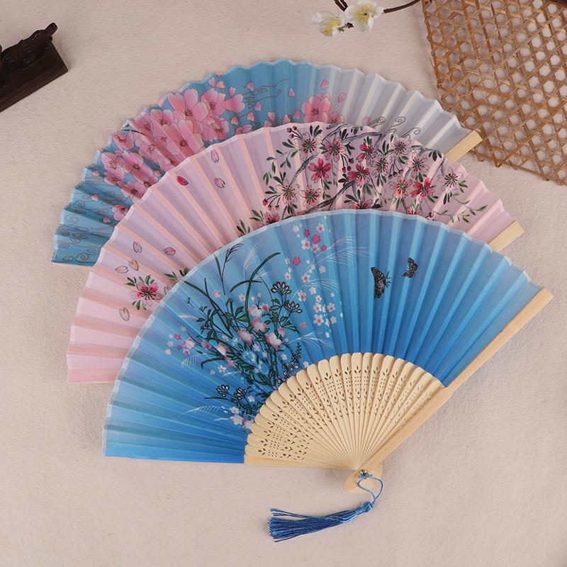 Vintage Printed Silk Folding Hand Fan Tassel Chinese Bamboo Fans Women Dance Performance Props Home Decoration Ornaments