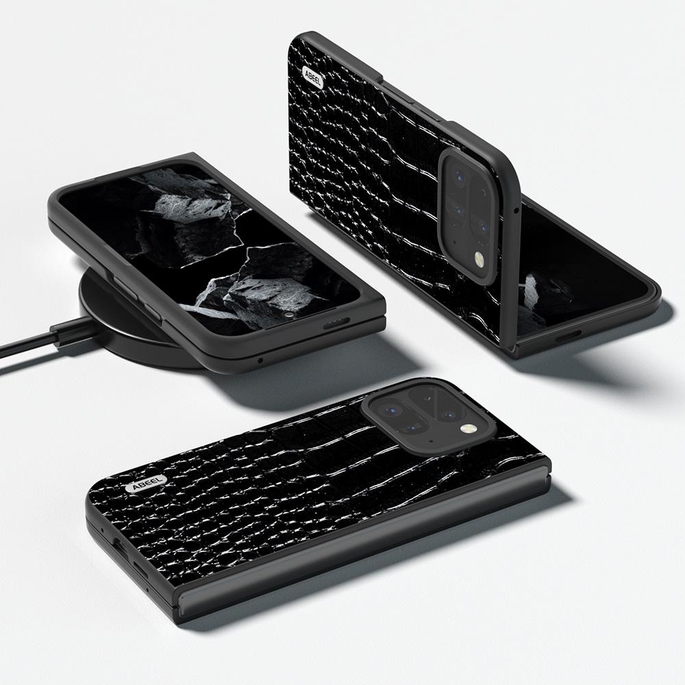 ABEEL For Google Pixel 9 Pro Fold 5G Case Genuine Cow Leather Back Phone Cover Crocodile Texture