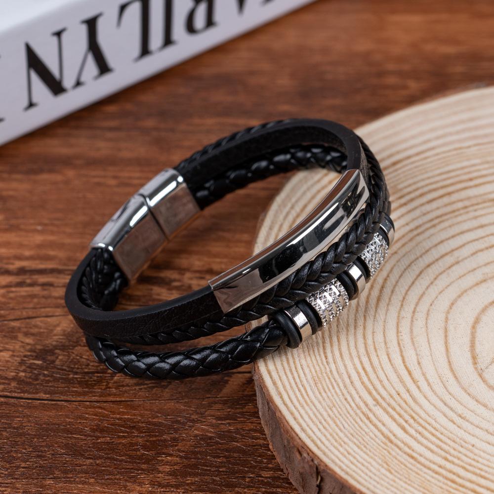 Stainless Steel Leather Rope Bracelet for Men Punk Style Hand-woven Multi-layer Braided Leather Bracelet Accessories