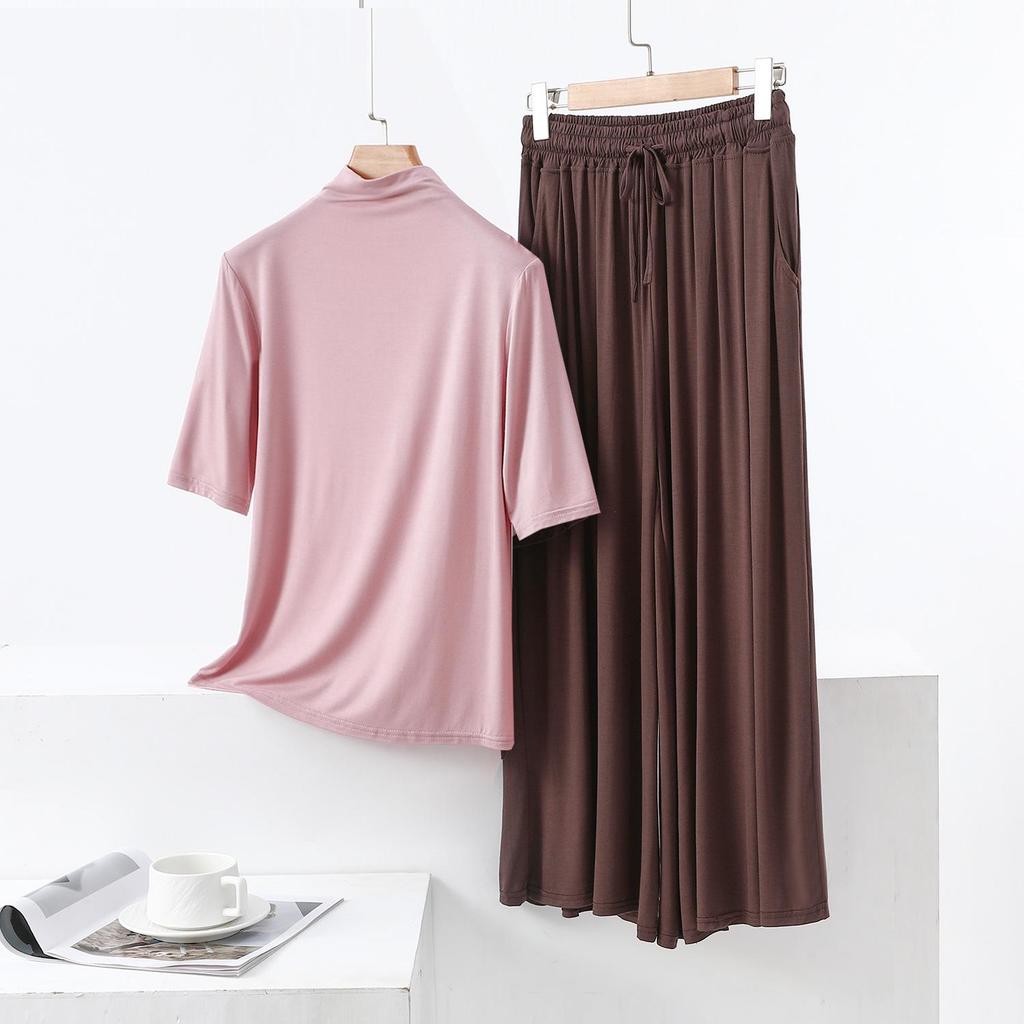 Modal Semi-High Neck Five-Sleeve Shirt & Pocket Wide-Leg Pants Casual Plus Size Two-Piece for Women