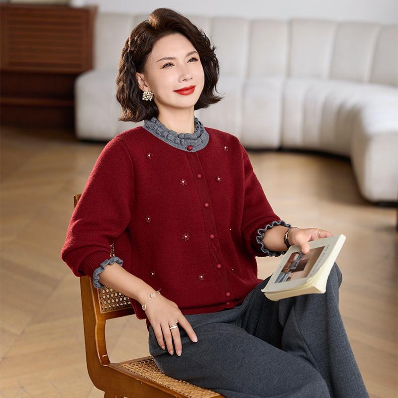 

Стильный бархатный кардиган для женщин среднего и пожилого возраста - Осенне-зимний плотный теплый свитер 4XL [Recommended for 145-160 jin] красный
