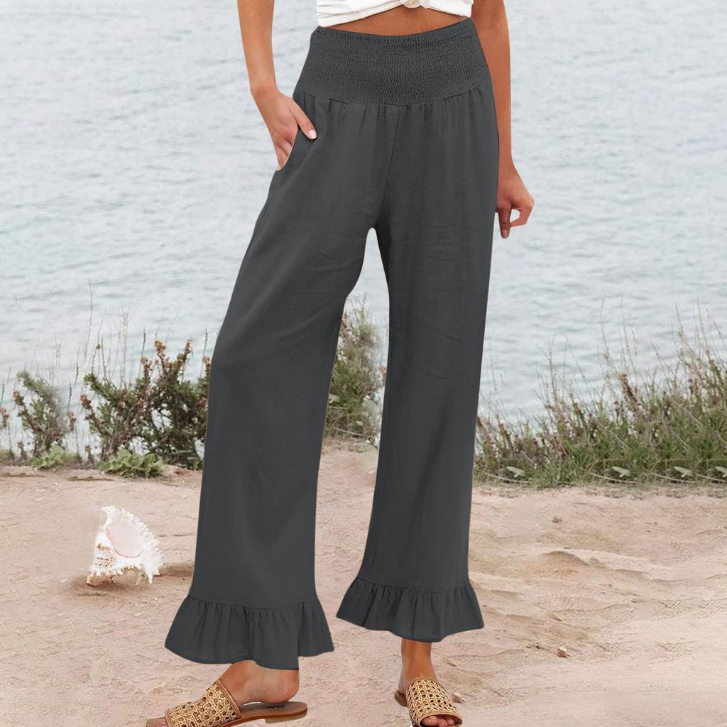 Women's Elastic Belt Pocket Linen Pants Pleated Paper Bag High Waist Ruffled Hem Wide Leg Trousers