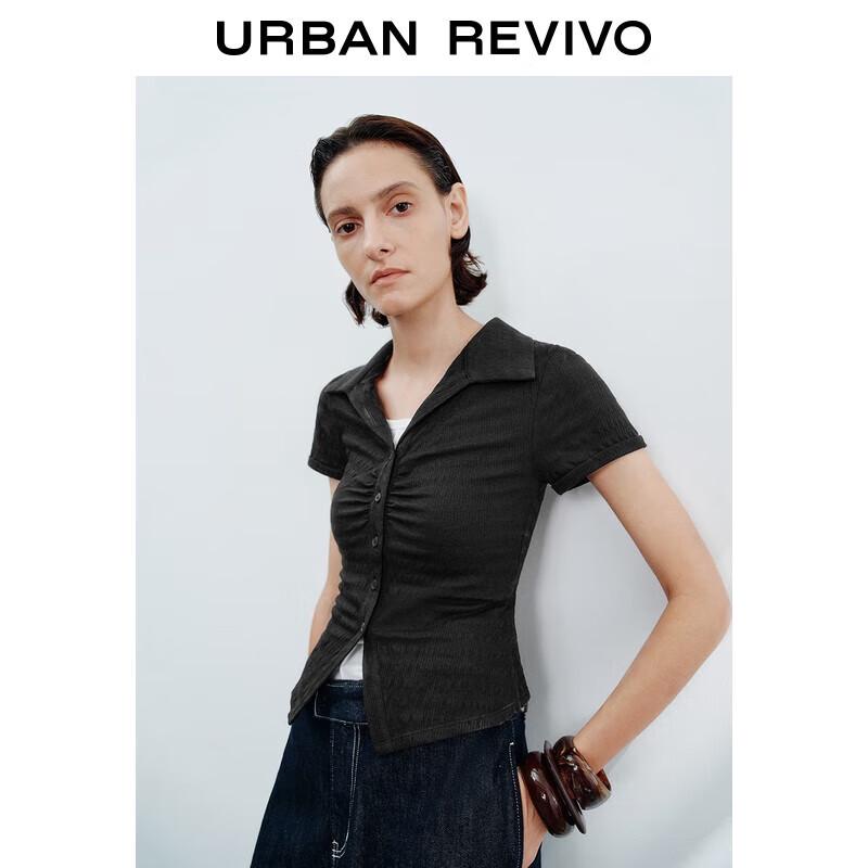 UR 2025 Autumn Women's Pleated Slim Lapel T-shirt