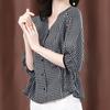 Summer Women's Shirt Three-quarter Sleeve Plaid Shirt Retro Top Casual Blouse