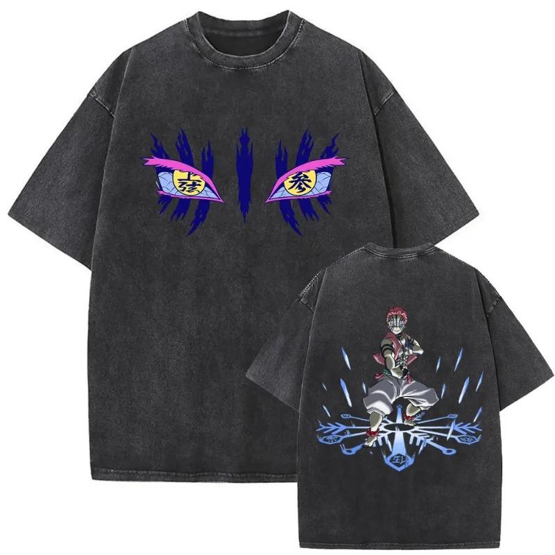 Japanese Anime Demon Slayer Akaza Graphic Washed T-shirts Women’s Men's Clothing  Harajuku Y2K Oversized Cotton Half-sleeve Tops
