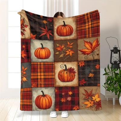 1 Sdoo Soft Flannel Blanket Bedspread Suitable for All Seasons, Cozy Autumn Plaid Pumpkin Leaf Bedspread with Warm Fall Colors, Modern Bedspread for S