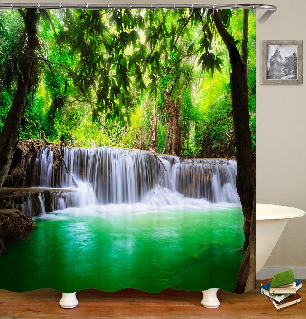Forest Landscape Bathroom Curtain 3D Natural Scenery Waterfall Printing Shower Curtains Waterproof Polyester Home Decoration