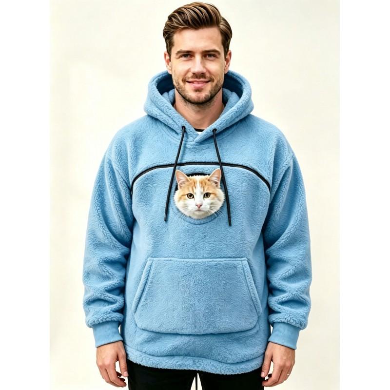 Mens Hooded Fleece Sweatshirt With Pet-Themed Pockets Warm Casual Long Sleeve Top Winter