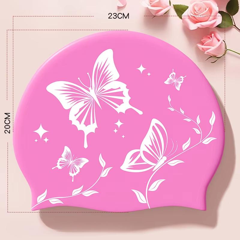 1 buc Căciuli de înot impermeabile confortabile cu imprimeu fluture, elasticitate ridicată, protecție pentru urechi, pentru femei, bărbați, silicon, căciulă de înot profesională