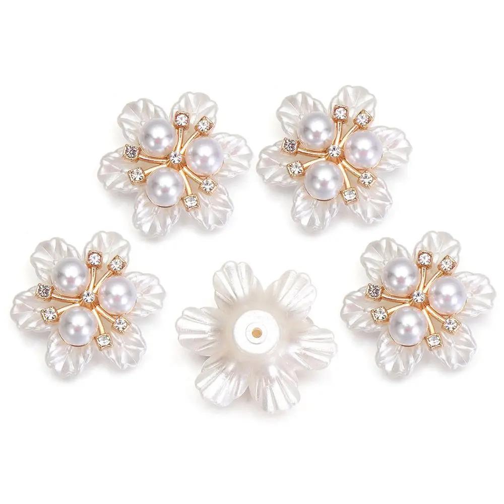 5PCS Pearl Flower Rhinestone Buttons Sparkling Crystal Hairpins Decoration Clothes Buttons DIY Crafts Apparel Sewing Accessories