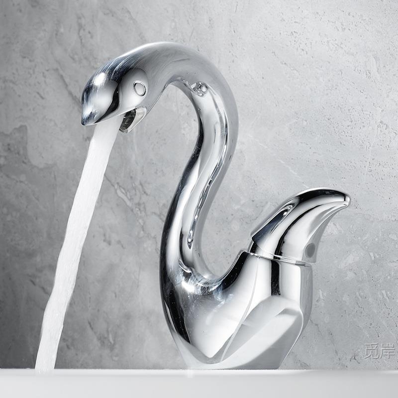 Gold Creative Swan Basin Faucet, Solid Brass Bathroom Vanity Sink Faucet, Hot and Cold Water Faucet, Gunmetal Gray