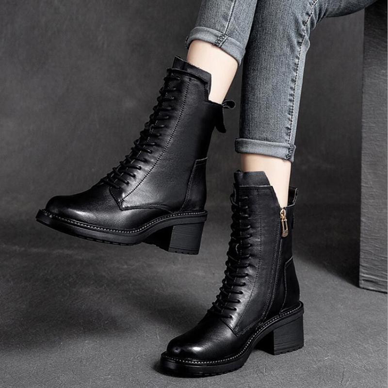 Fashion GKTINOO 2025 Cow Leather Quality Women Shoes Autumn Winter Square Med Heel Ankle Boots Lace Up Zipper Ladies Pumps Size 35-40