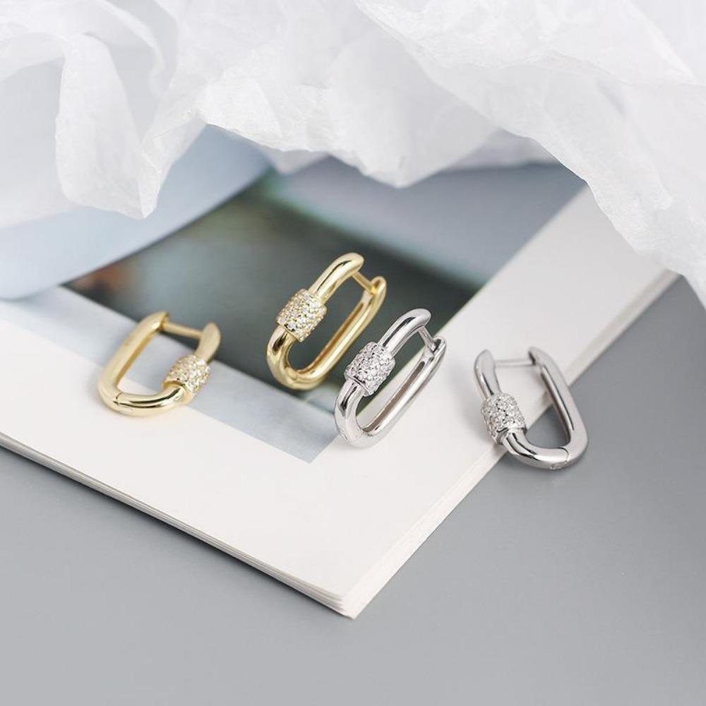 Premium Minimalist Gold Color Geometric Lock-Shaped Zircon Hoop Earrings Women's Personality Banquet Party Anniversary Jewelry