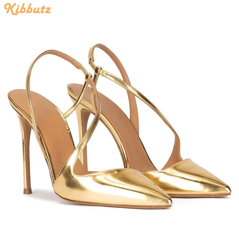 Fashion Solid Color PU Cross Back Strap Sandals Women Fashion Summer Shine Leather Pumps Slip on Pointed Toe Stiletto Heels Sandals