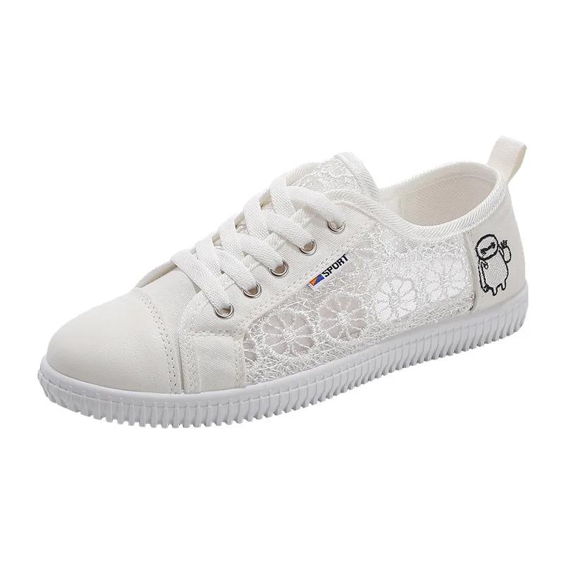 Fashion Chaussures Plates Blanches En Dentelle Respirante Pour Femmes, Baskets D'été Pour Étudiants, Chaussures En Toile En Maille