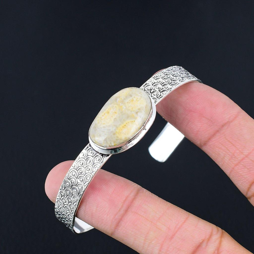 Anniversary Gift For Her Natural Fossil Coral Bangle Adjustable 925 Silver