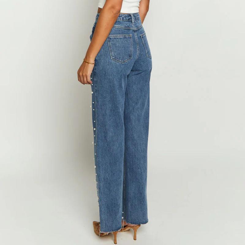 GMXIA Damen Schräge Taille Überkreuzt Vintage Perlenbesetzt Gerade Raw Edge Denimhose