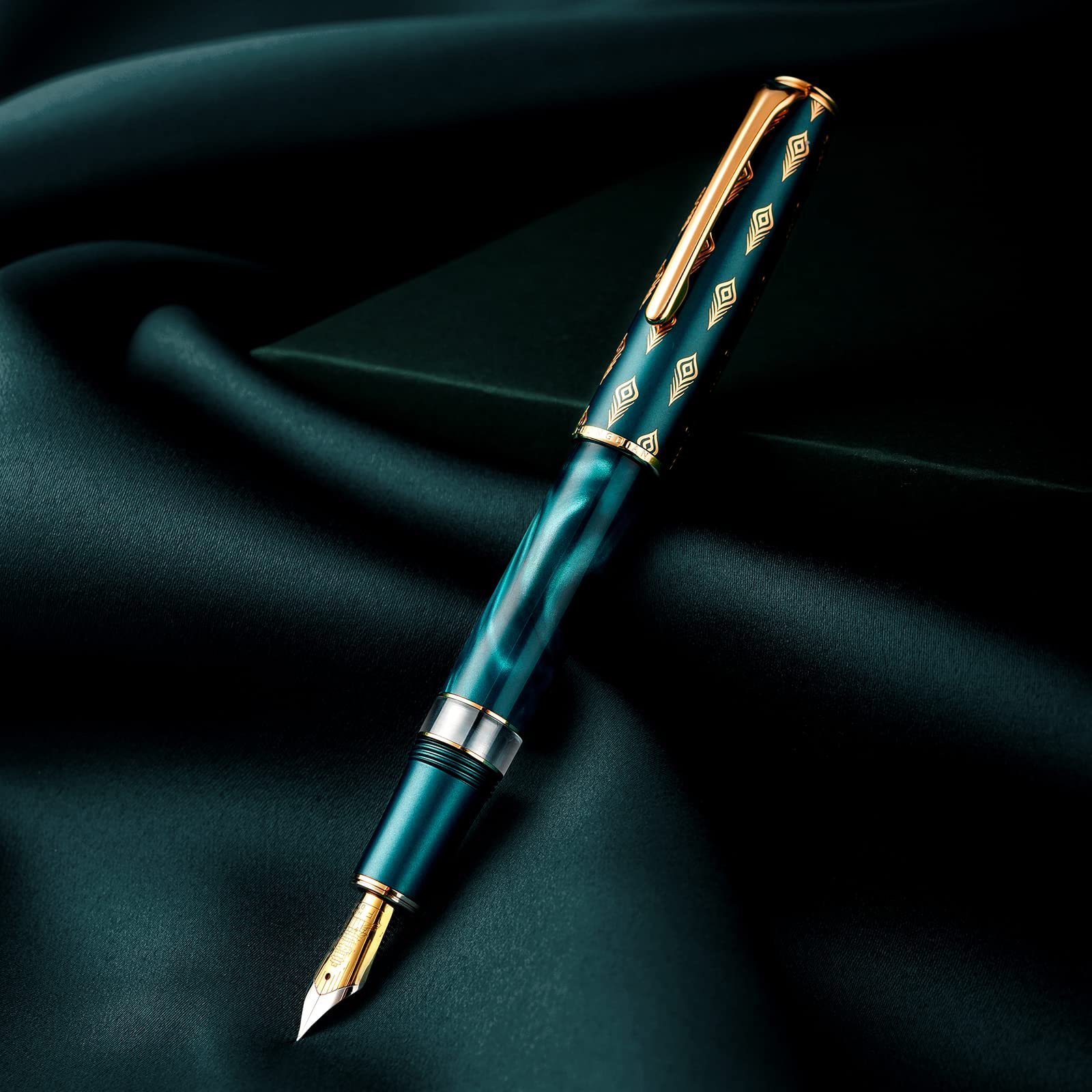 

Hongdian N7 Piston Fountain Pen Fine Nib Blue Acrylic Peacock Pattern синий