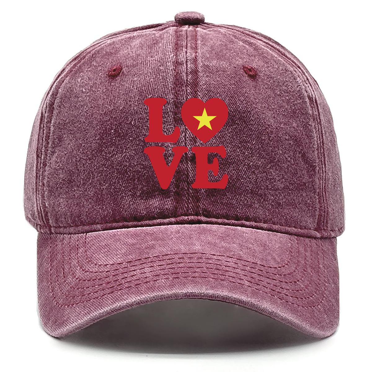 

LOVE Vietnam Flag Print Adjustable Baseball Hat, Patriotic Dad Hat Adjustable Buckle Cotton Headwear Simple Snapback Sun Hat as the picture вино красного