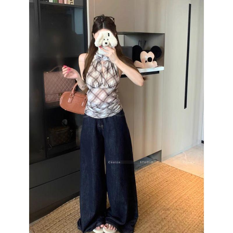 Kumikumi Sexy Gyaru Plaid Hanging Neck Sleeveless Vest Women clothes Summer New Niche Chic Slimming Top