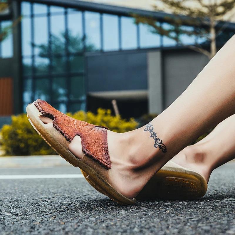 Big Size Men Leather Sandals Summer Classic Men Shoes Slippers Soft Sandals Men Roman Comfortable Outdoor Walking Footwear