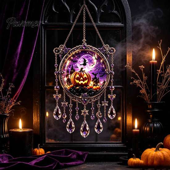 Elegant Craft Gifts Halloween Crystal Window Suncatcher, Acrylic Witch Hanging Wind Chime, Decorative Courtyard Ornaments Ornament for Indoor Outdoor