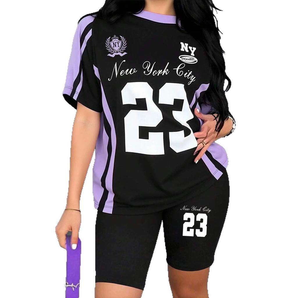 1116 new casual sports style digital printing shoulder sleeve T-shirt high waist tight shorts fashion suit women