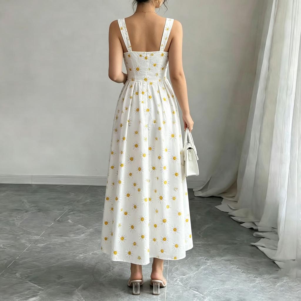 Women Sleeveless Backless Floral Print Maxi Dress with Adjustable Straps and Fitted Waist Summer Casual Sundress