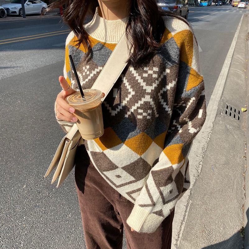 Half High Collar Women's Pullover Sweater Autumn and Winter Loose Diamond Grid Long Sleeved Knitted Sweater