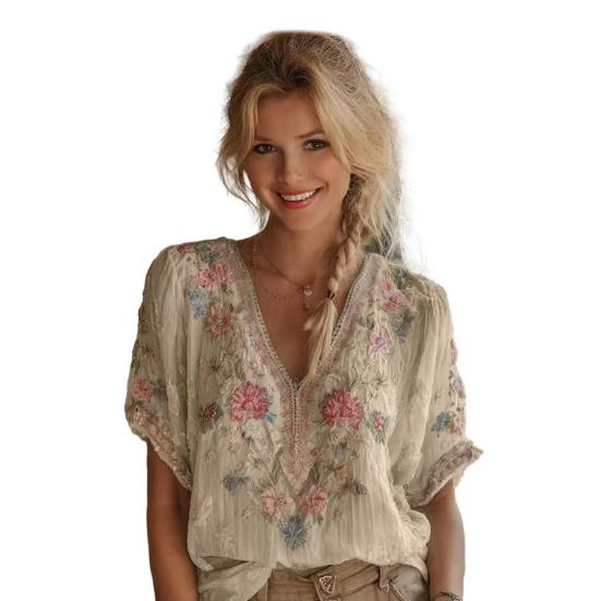 Women Tops 3D Printed Imitation Jacquard V-Neck Short Sleeve Loose Fit Soft Breathable Summer Shirt Daily Wear