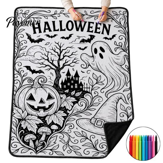Kreativní relaxační dárky pro teenagery Halloweenská DIY deka k vybarvení se 24 fixami, Vlastní vybarvení přehozu, Dekorativní deka do obývacího pokoje, Duch a dýně