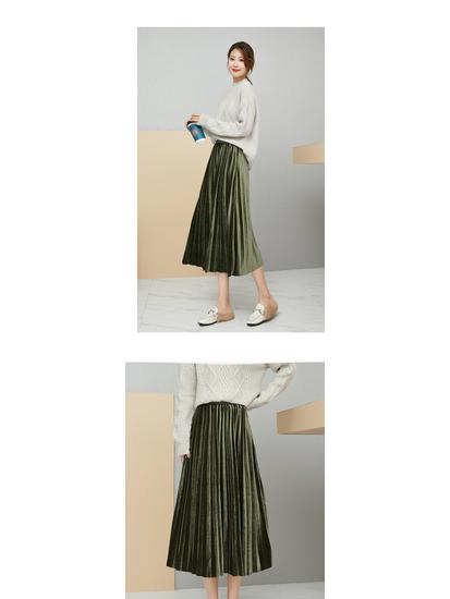 Women's High-Waisted Gold Velvet Pleated A-Line Long Skirt