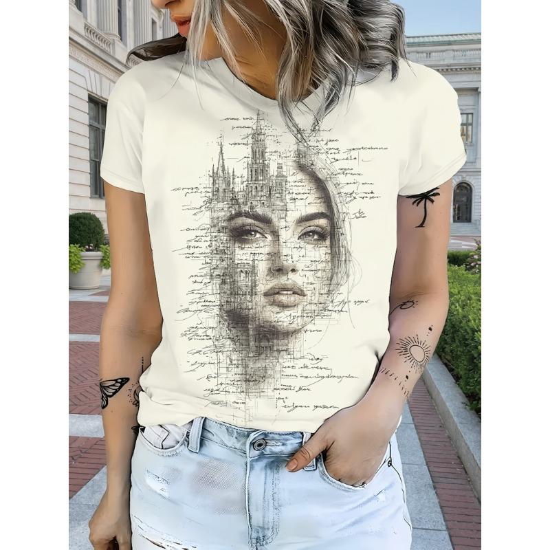 

Ladies note printed portrait design, artistic and fashionable round neck short sleeved T-shirt, suitable for daily and office wear S
