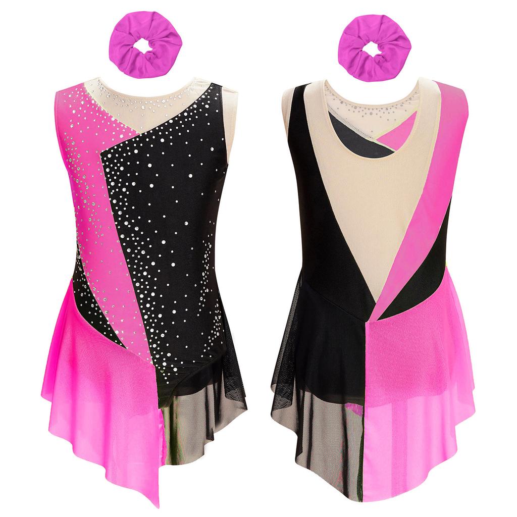 Eiskunstlauf-Tanz-Outfit für Mädchen, glitzernder Strass-Trikot in Farbblock-Optik, durchsichtiges Netzgewebe, Patchwork, rhythmische Sportgymnastik, Tanzbekleidung