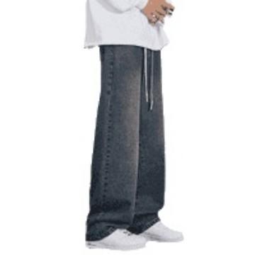 Washed Drawstring Elastic Waist Jeans Men's and Women's Loose Wide Legs Spring and Summer Micro-pull Retro Straight Long Pants