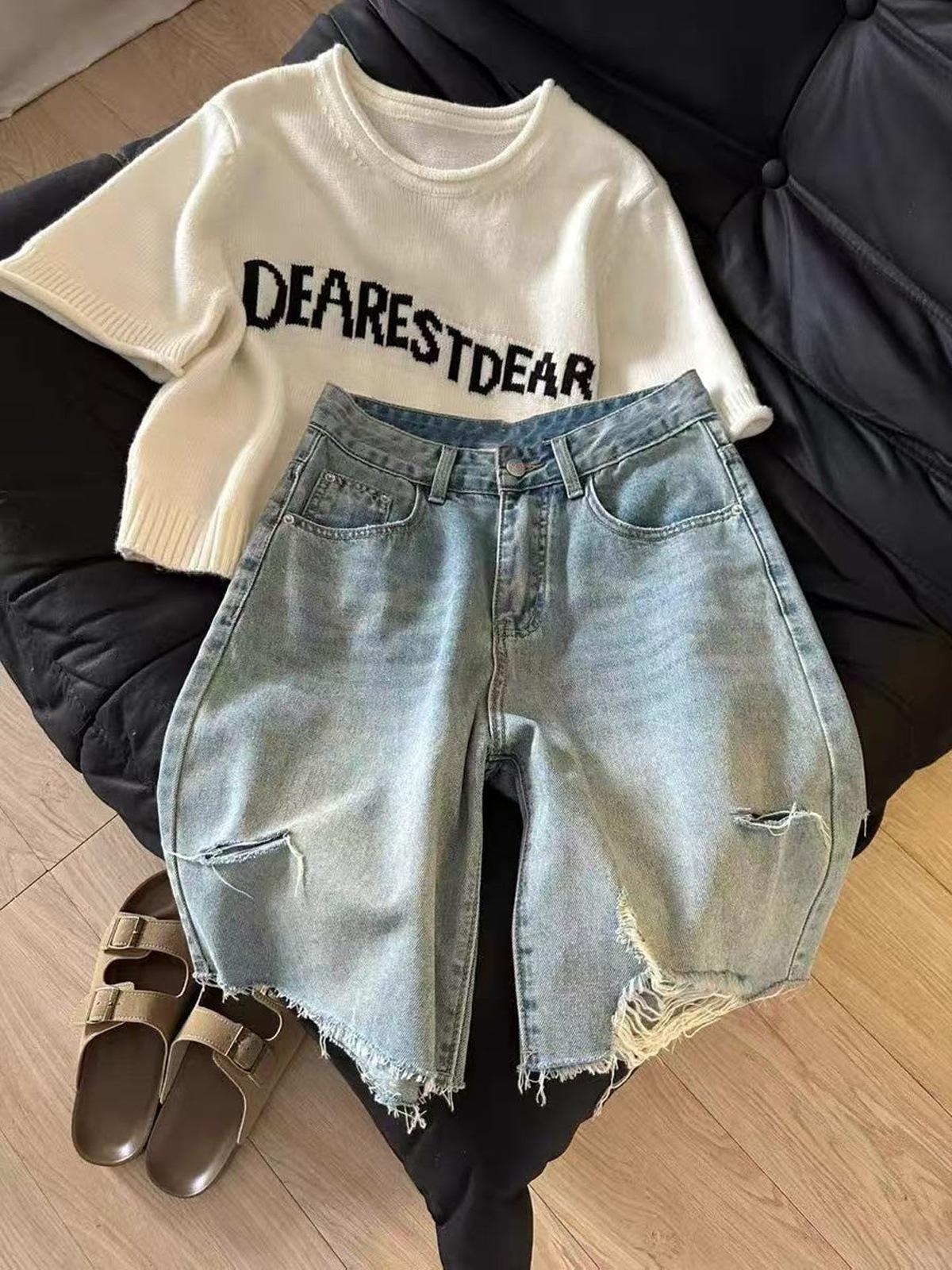 Women s High Waist Straight Denim Shorts Baggy Mid Pants Distressed Frayed Non-Stretch Washed Urban Casual Summer 5-Point Bottoms S синий