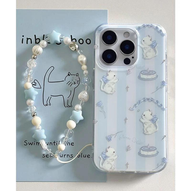 Blue and White Striped Cat Lanyard Suitable for IPhone 16 Large Hole Mobile Phone Case Apple 15 Protective Case 14pro Bracelet