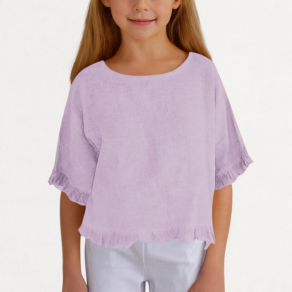 Girls' Linen Ruffle Top - Short Sleeve Round Neck Blouse