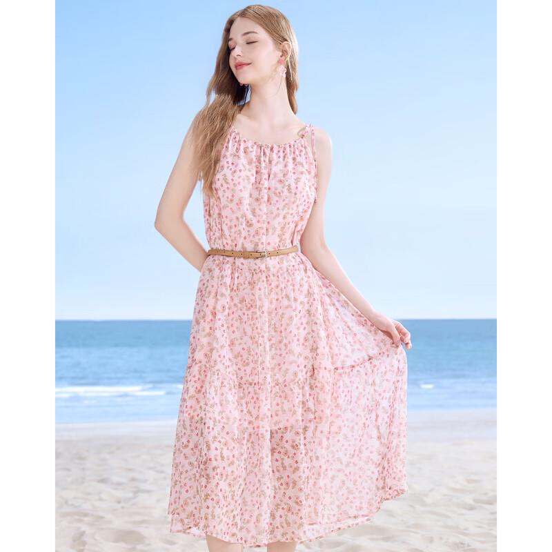 Women's Sweet Floral Pink Chiffon Spaghetti Strap Dress