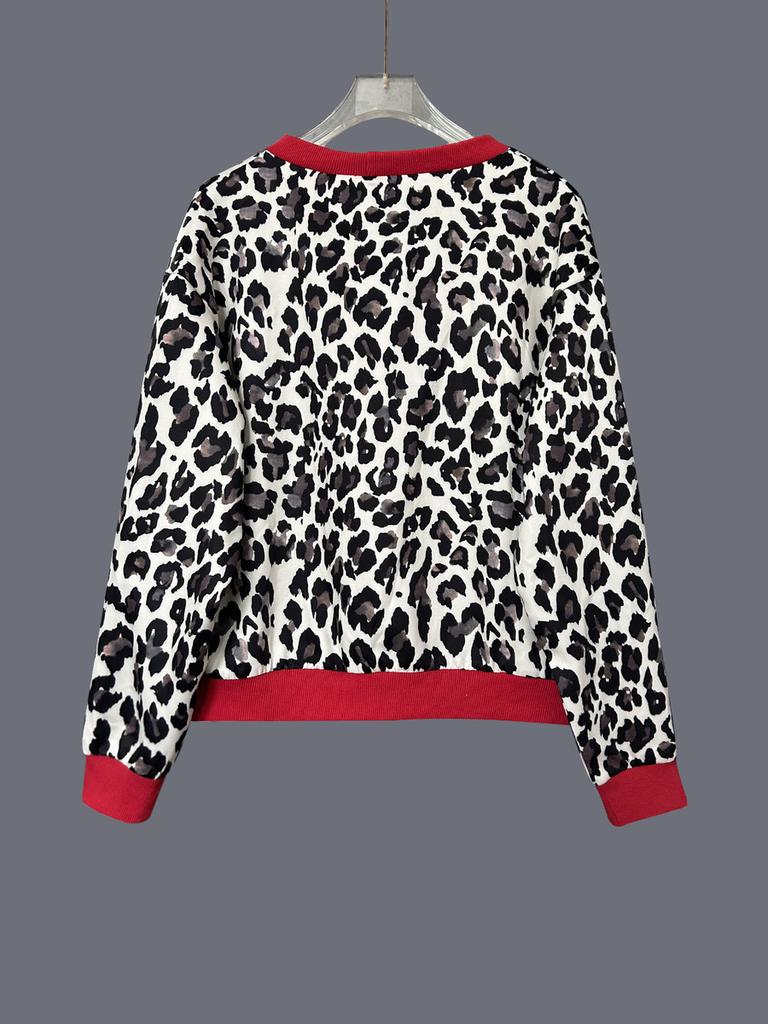 Women's Casual Leopard Print Color Blocked Edge Open-Front Metal Button Coat Jacket